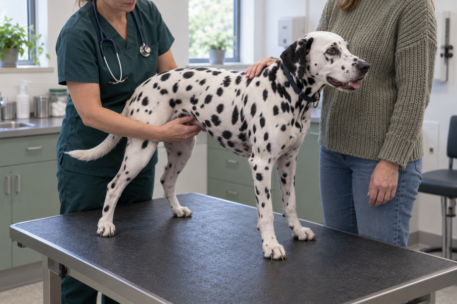 Veterinářka na klinice vyšetřuje břicho dalmatinky s močovými potížemi